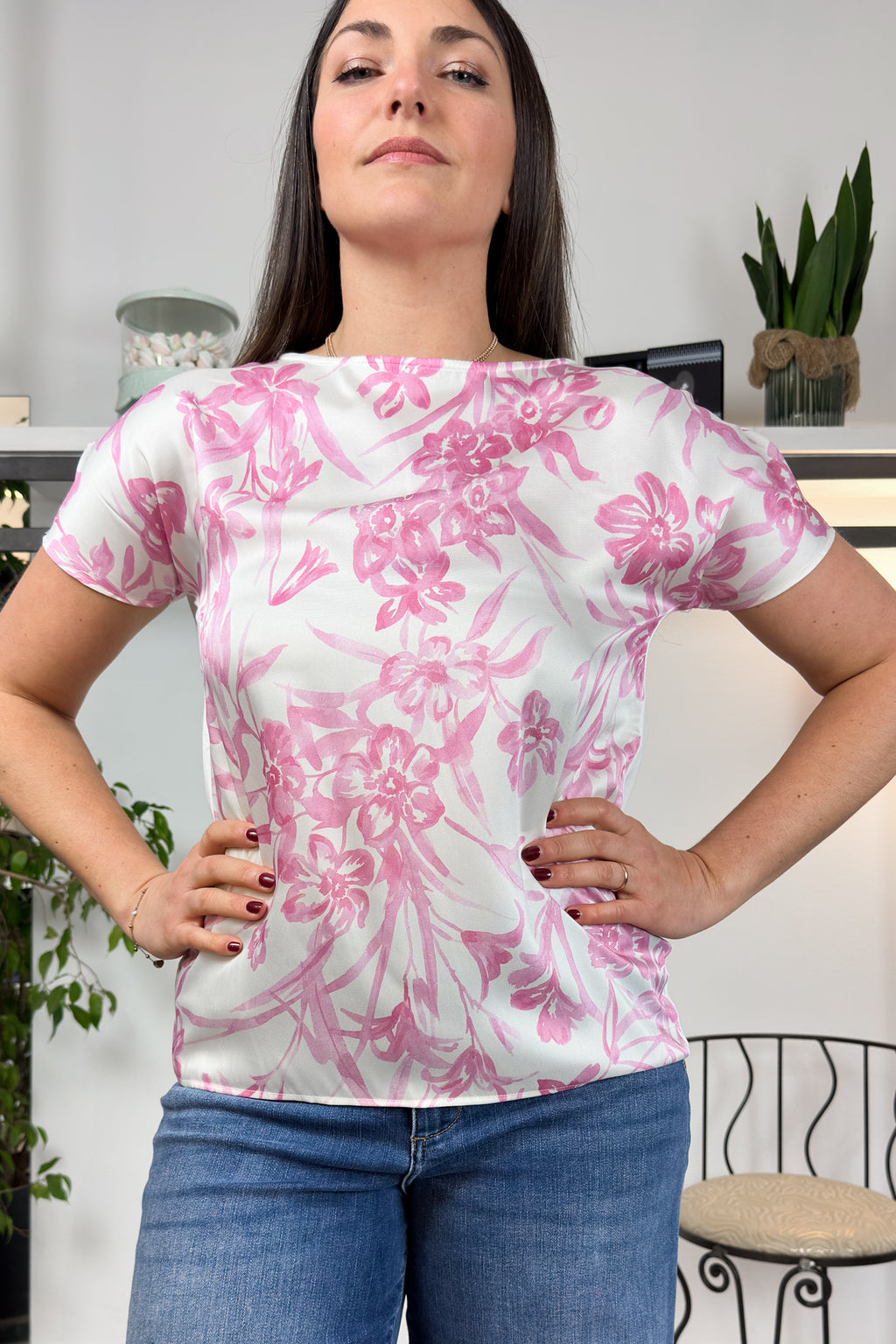 Blusa in twill stampato con jersey sul retro EMME