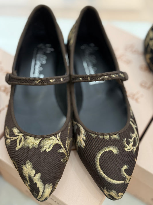 Ballerina Mary Jane in tessuto floreale oro