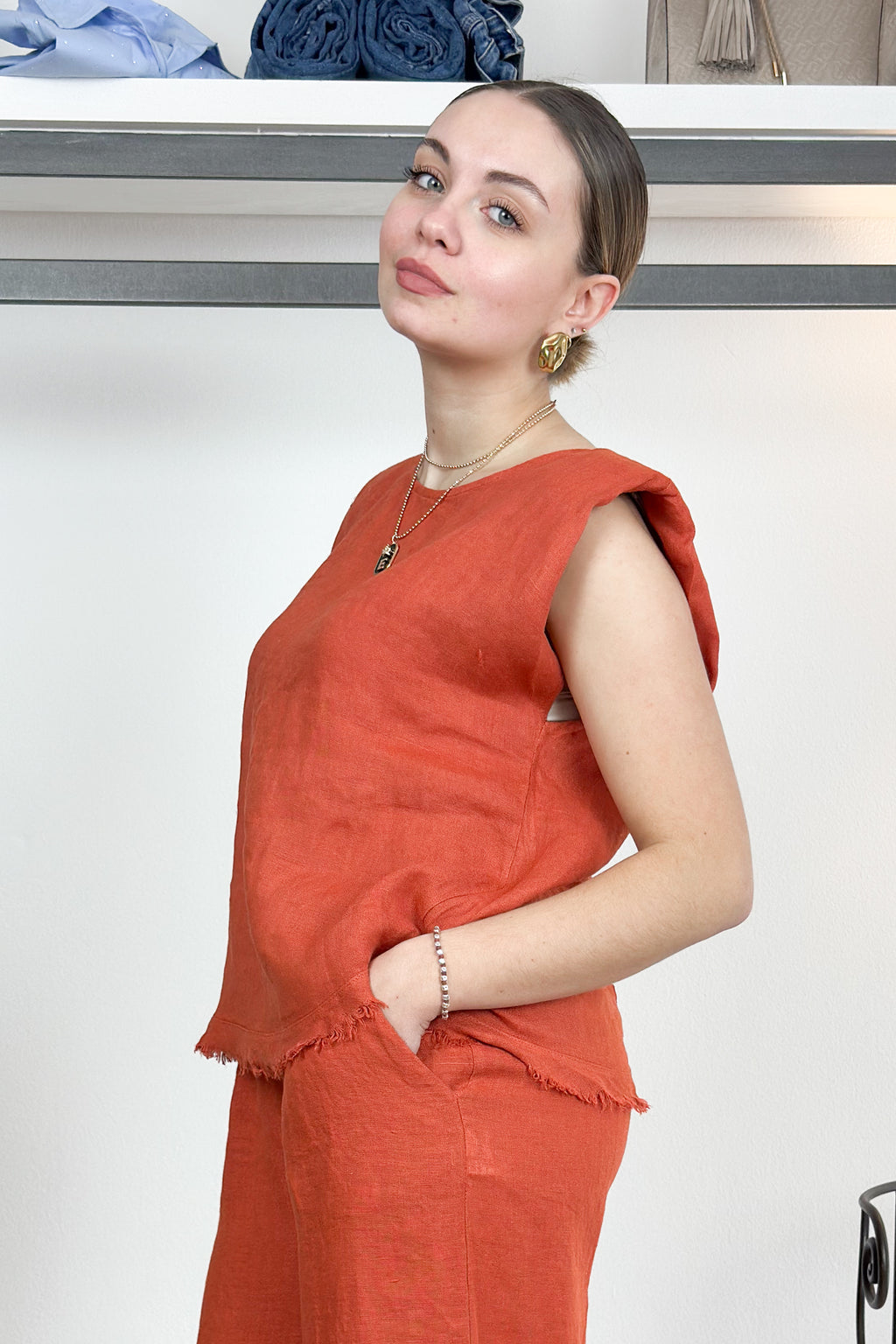 Canotta in lino con spalline papaia KAOS