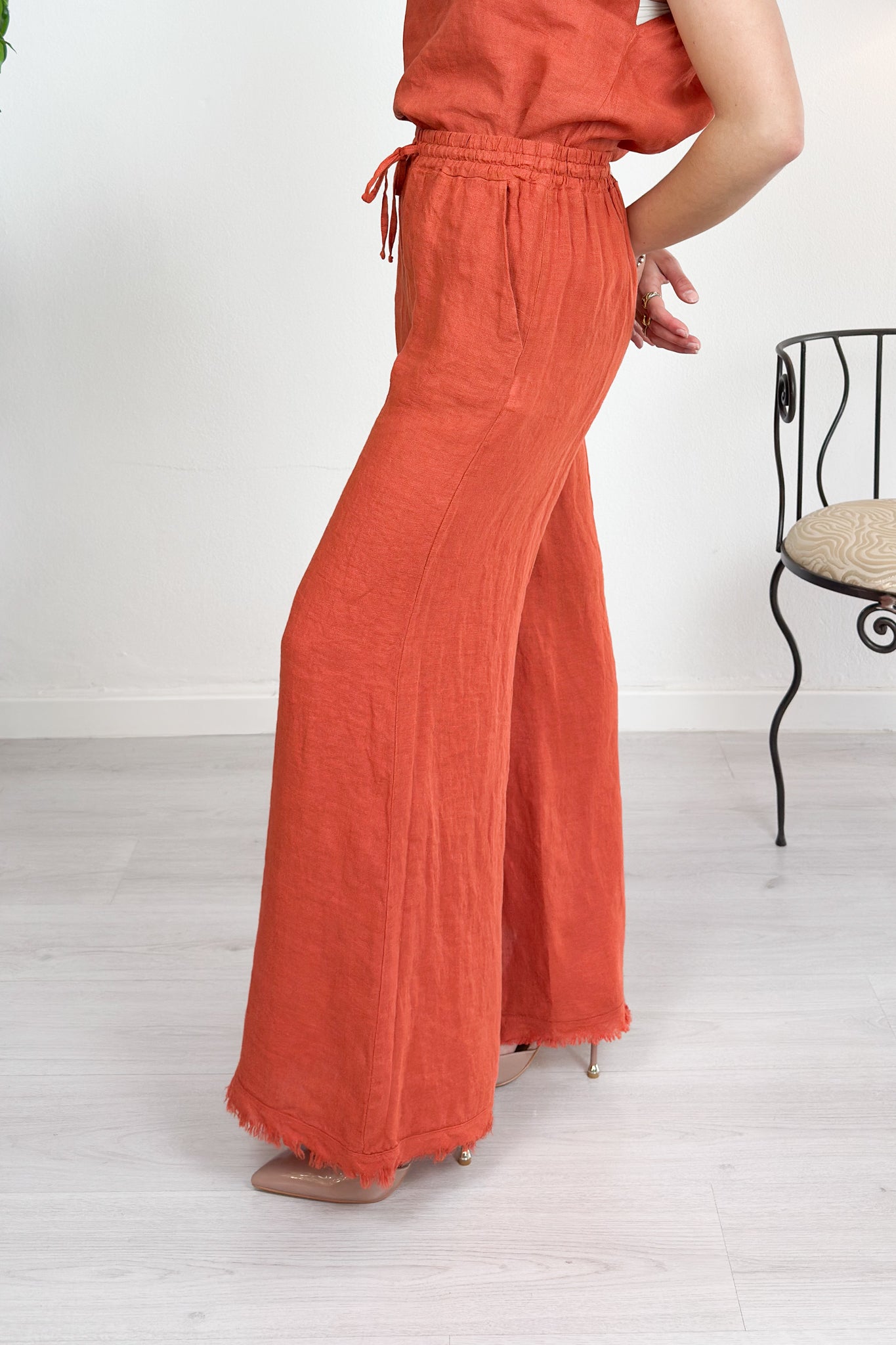 Pantalone palazzo in lino con fondo sfrangiato KAOS