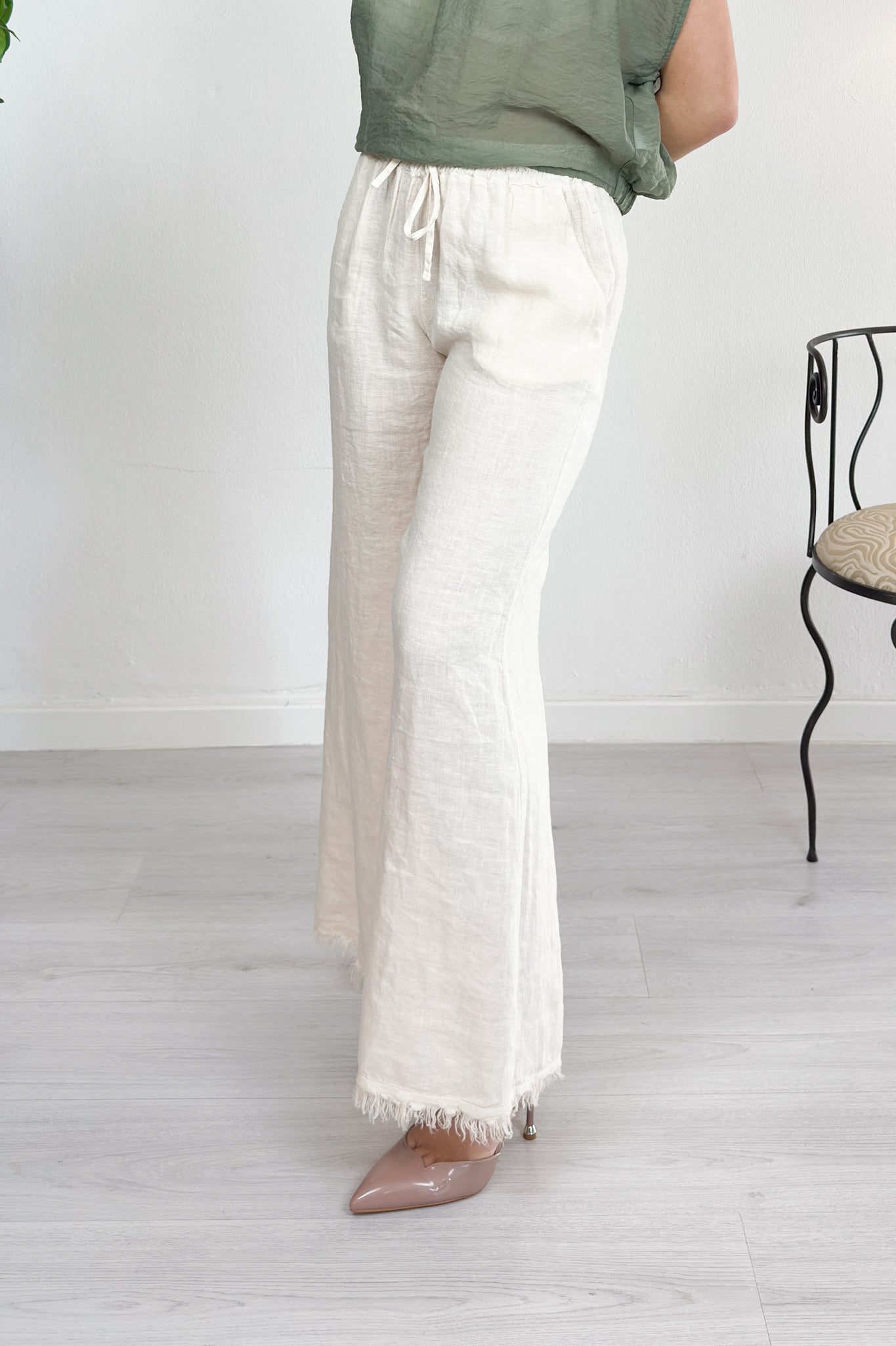 Pantalone palazzo in lino con fondo sfrangiato KAOS