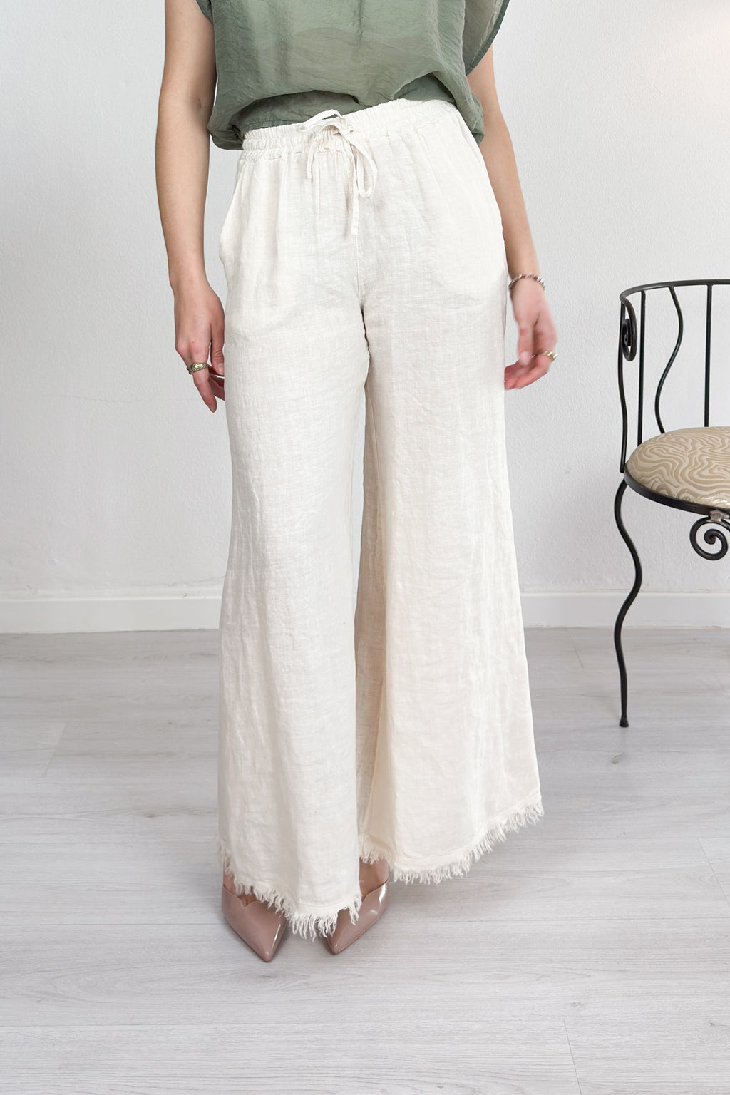 Pantalone palazzo in lino con fondo sfrangiato KAOS