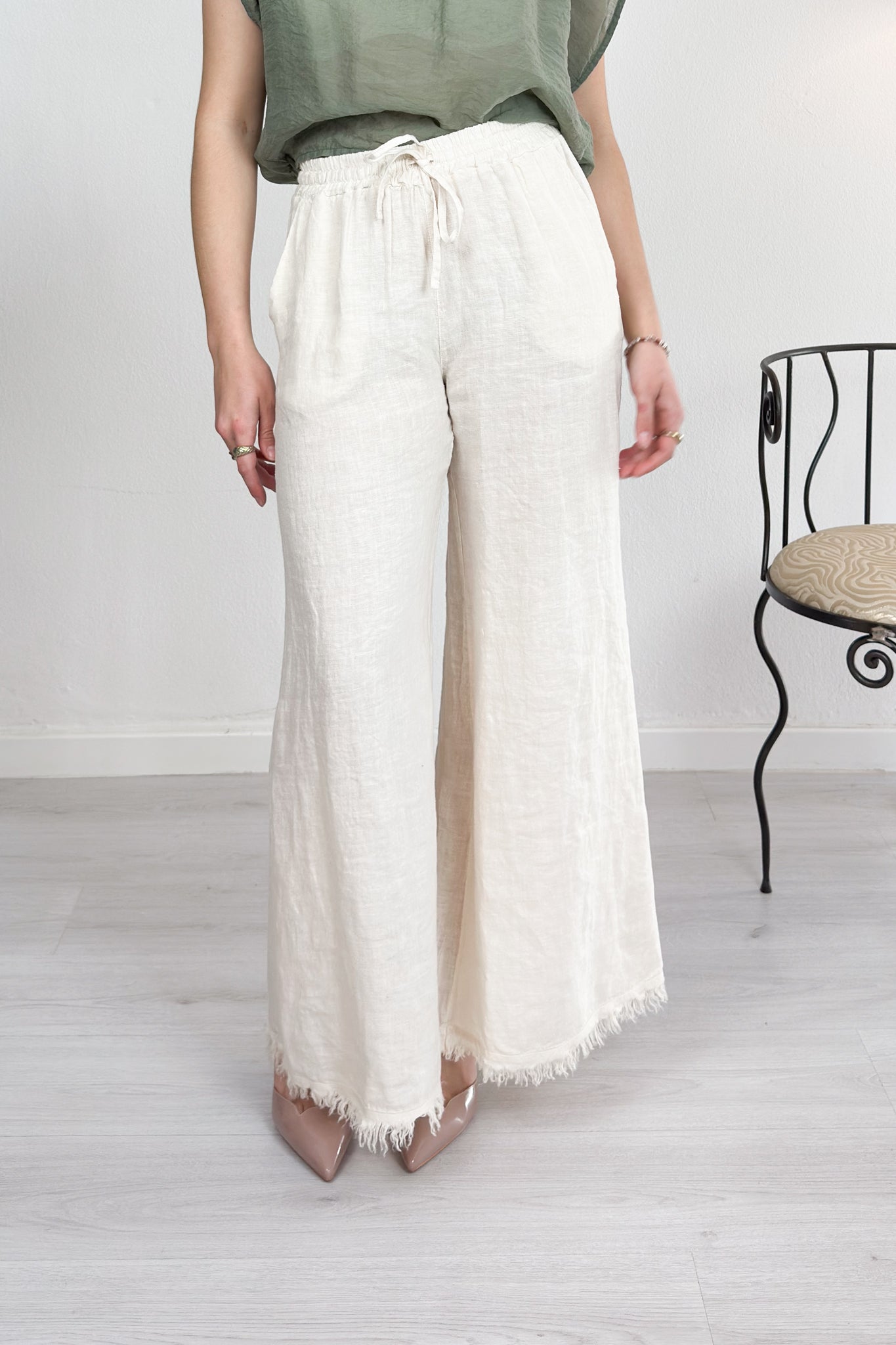 Pantalone palazzo in lino con fondo sfrangiato KAOS