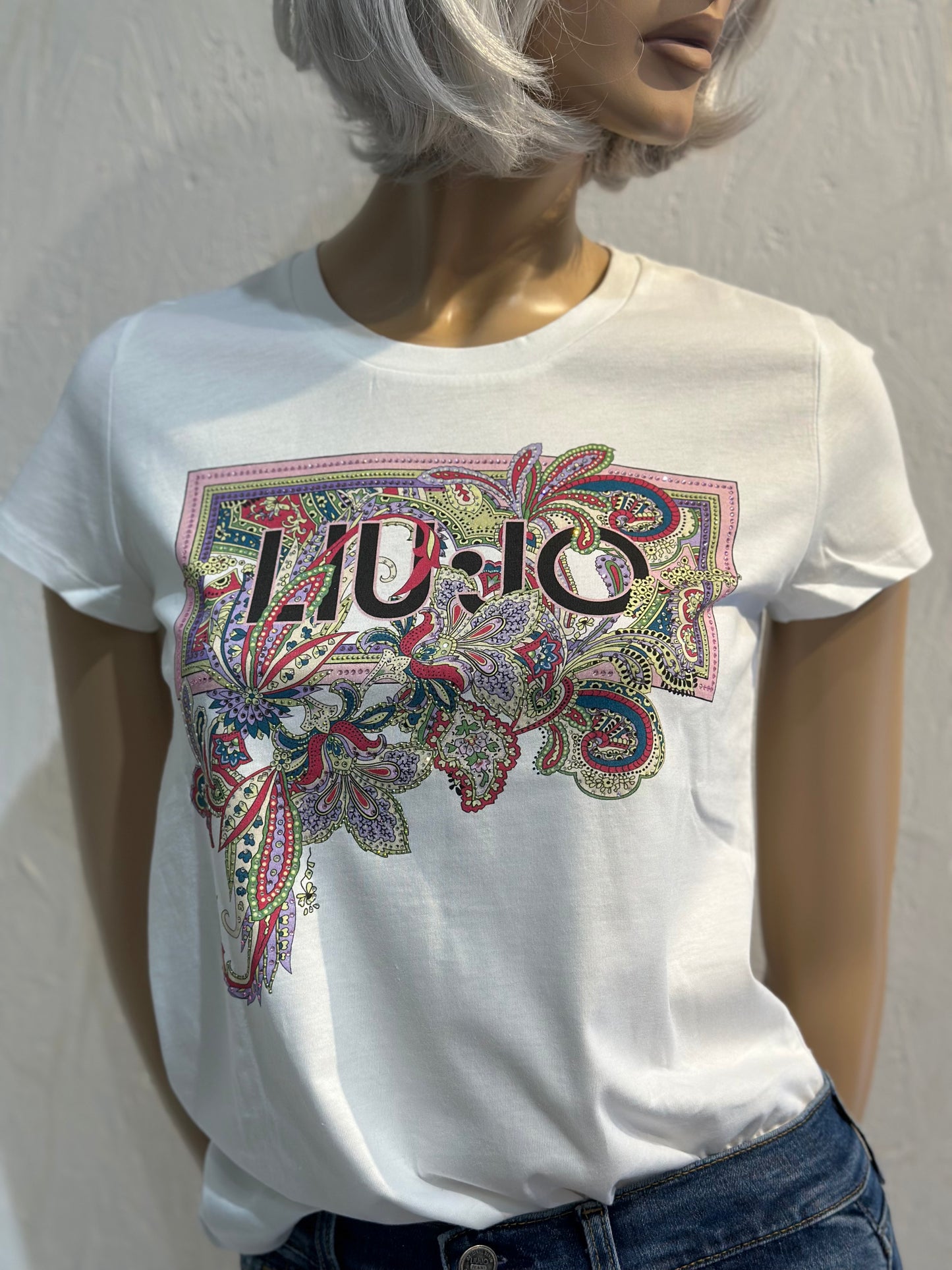 T-shirt con logo fiori e strass Liu.Jo