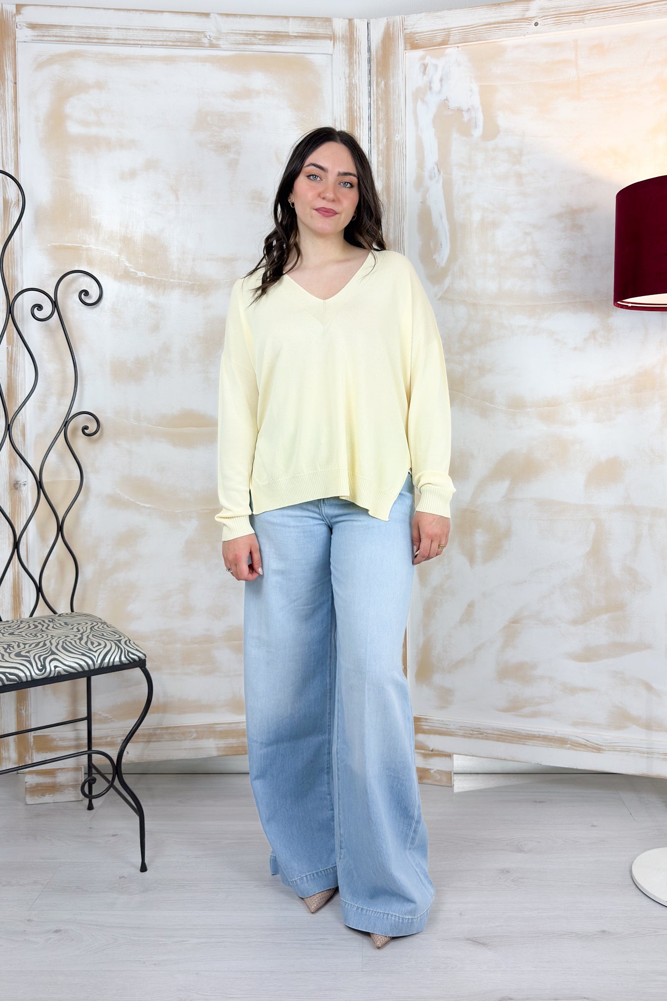 Maglia scollo "V" manica lunga MANILA GRACE - Limonata
