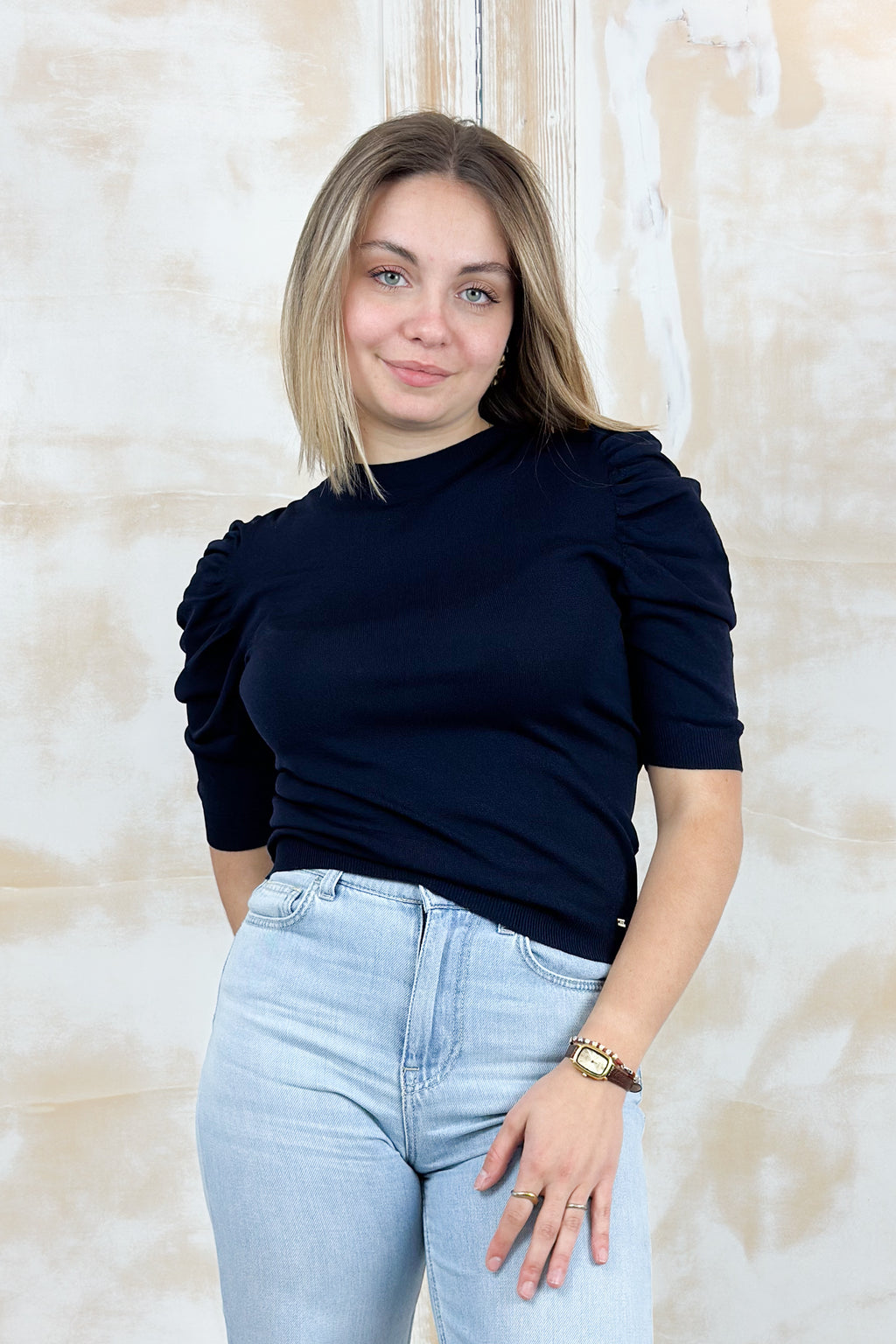 Maglia in filo di viscosa con maniche arricciate KAOS - Blu