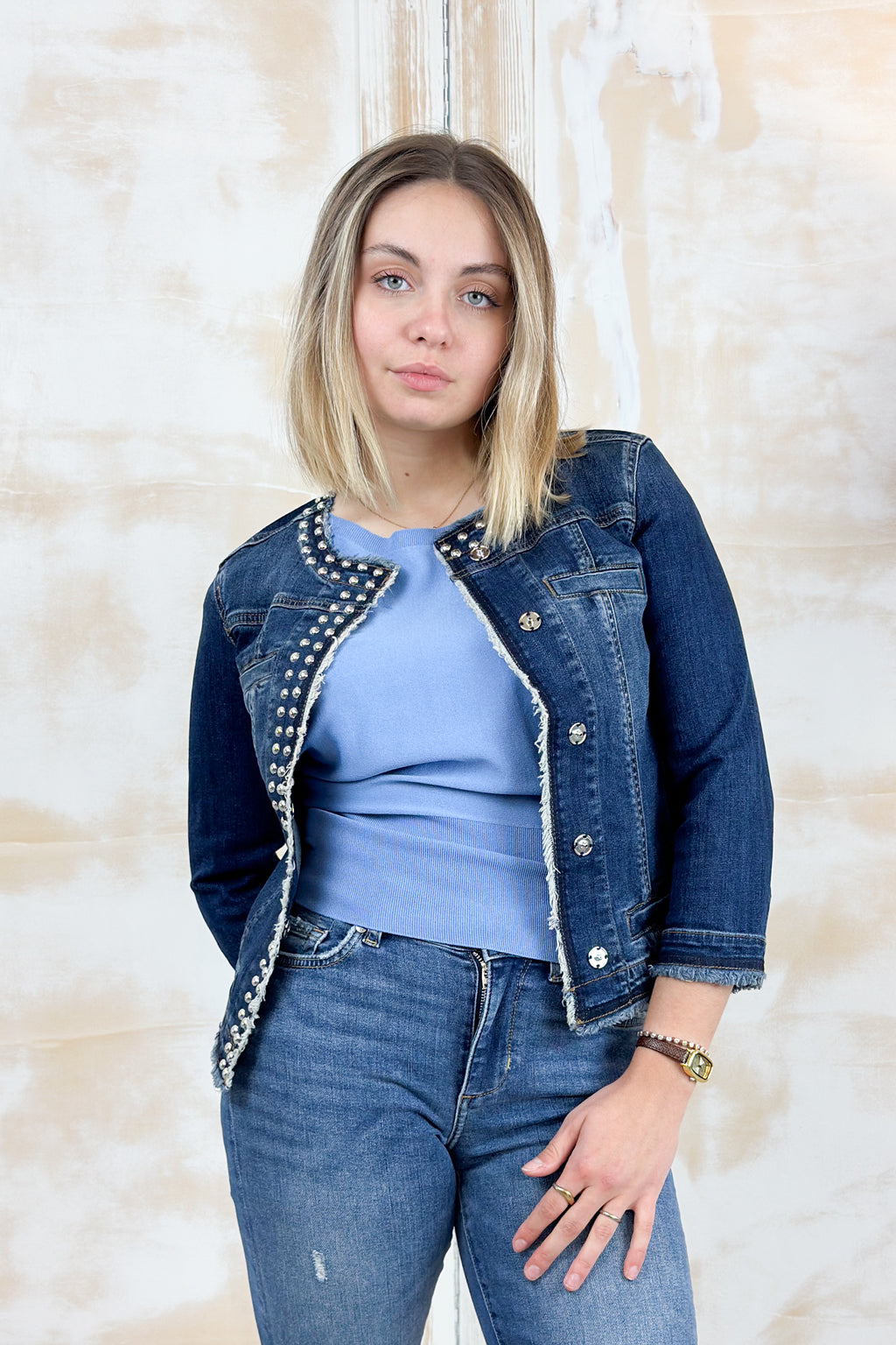 Giacca "KATE" in denim borchiata LIU JO - Den.blue tasch.logo