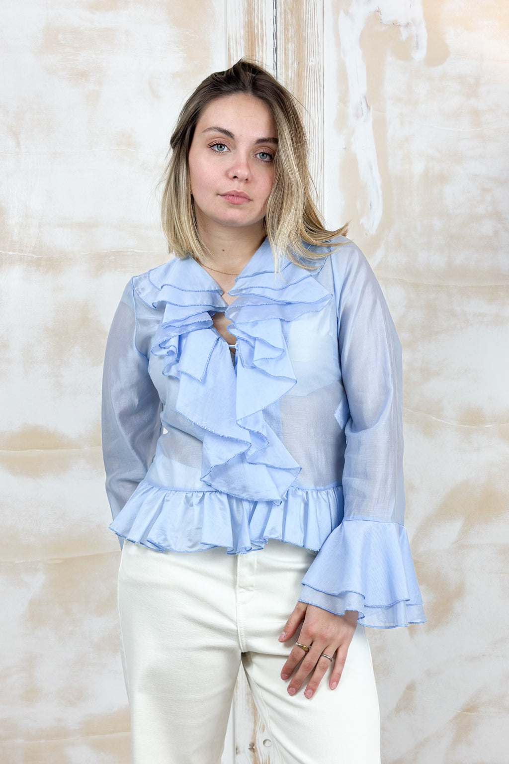 Camicia in voilè con rouches elegante M/L KAOS - Azzurro