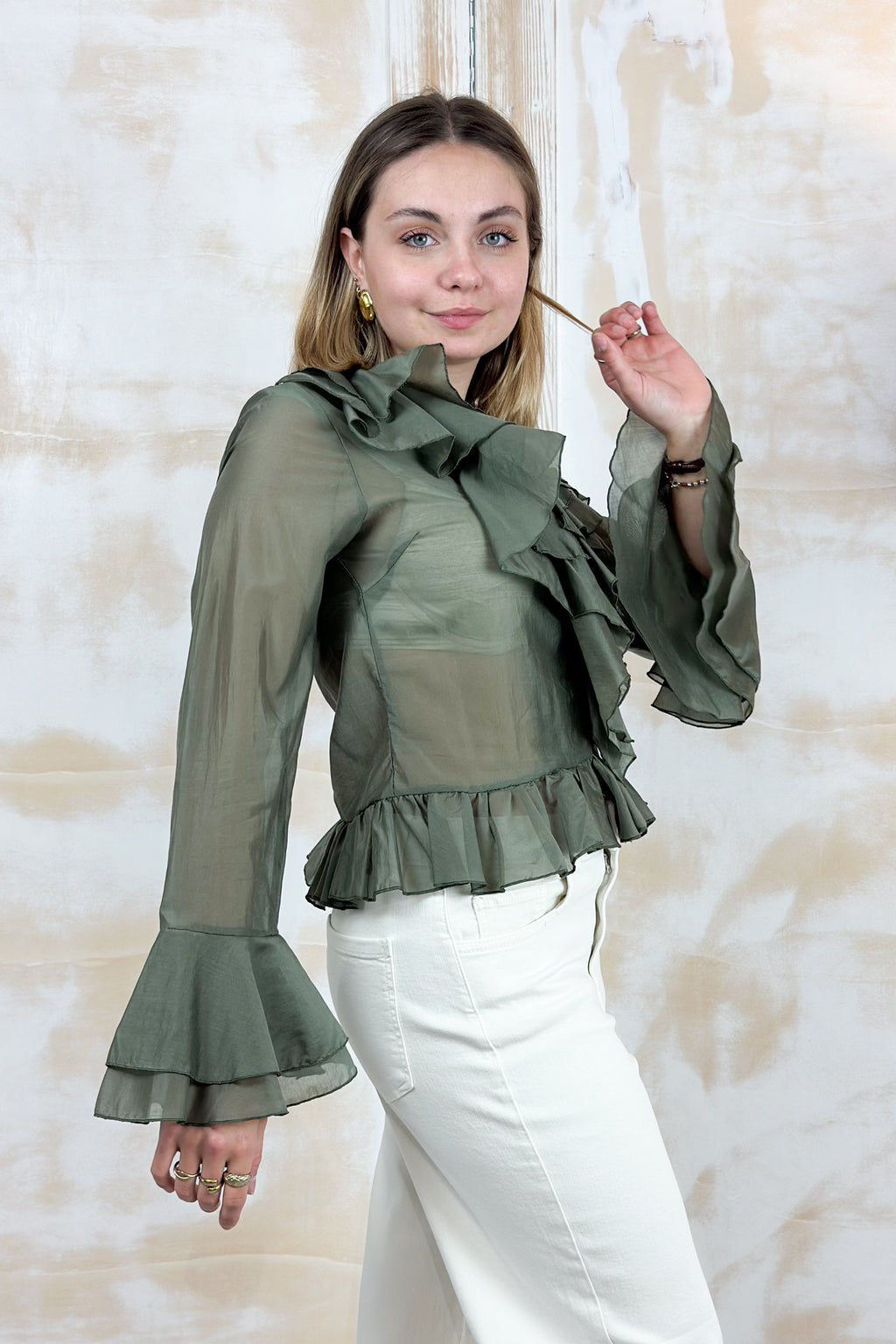 Camicia in voilè con rouches elegante M/L KAOS - Militare