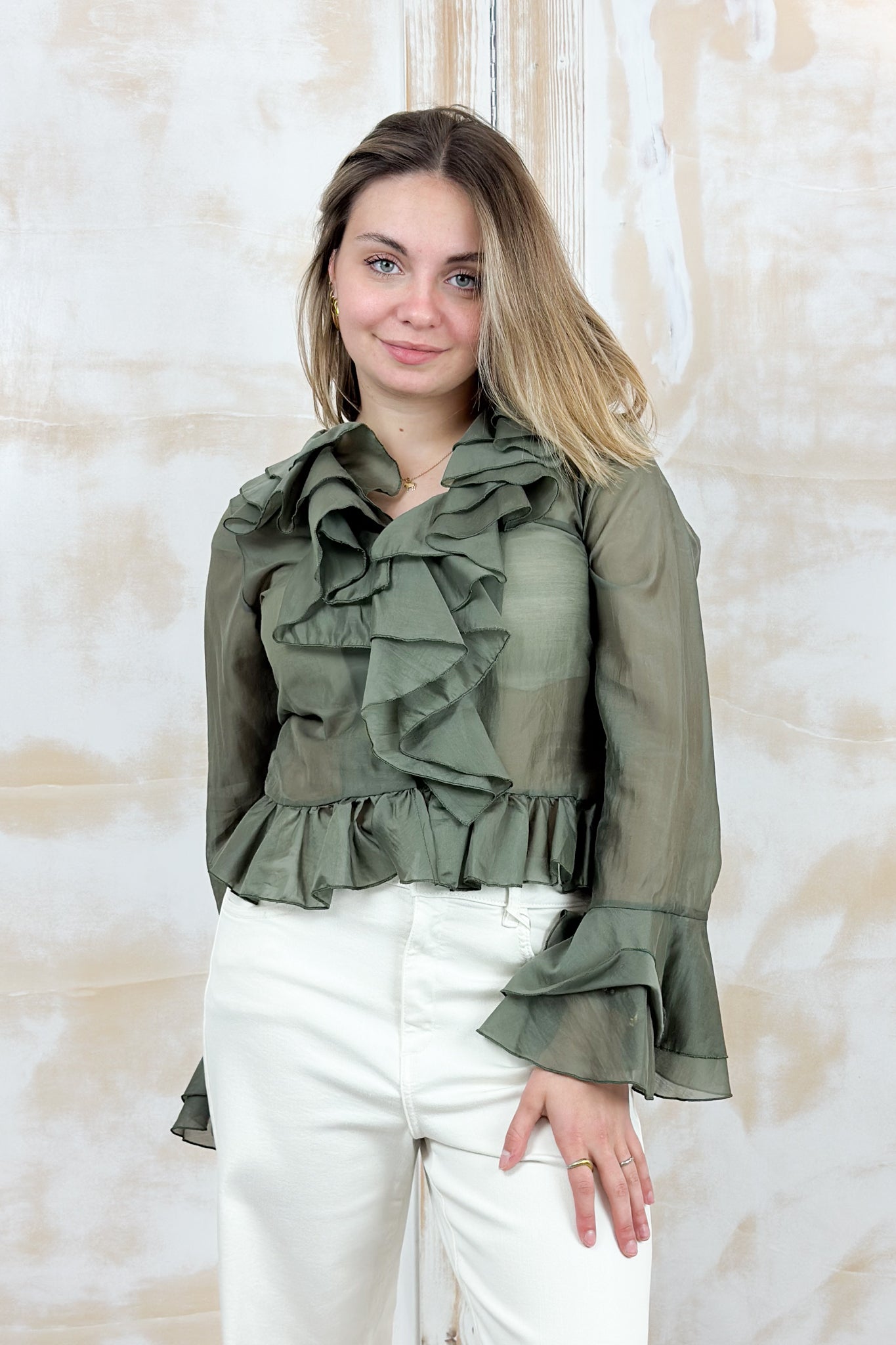 Camicia in voilè con rouches elegante M/L KAOS - Militare