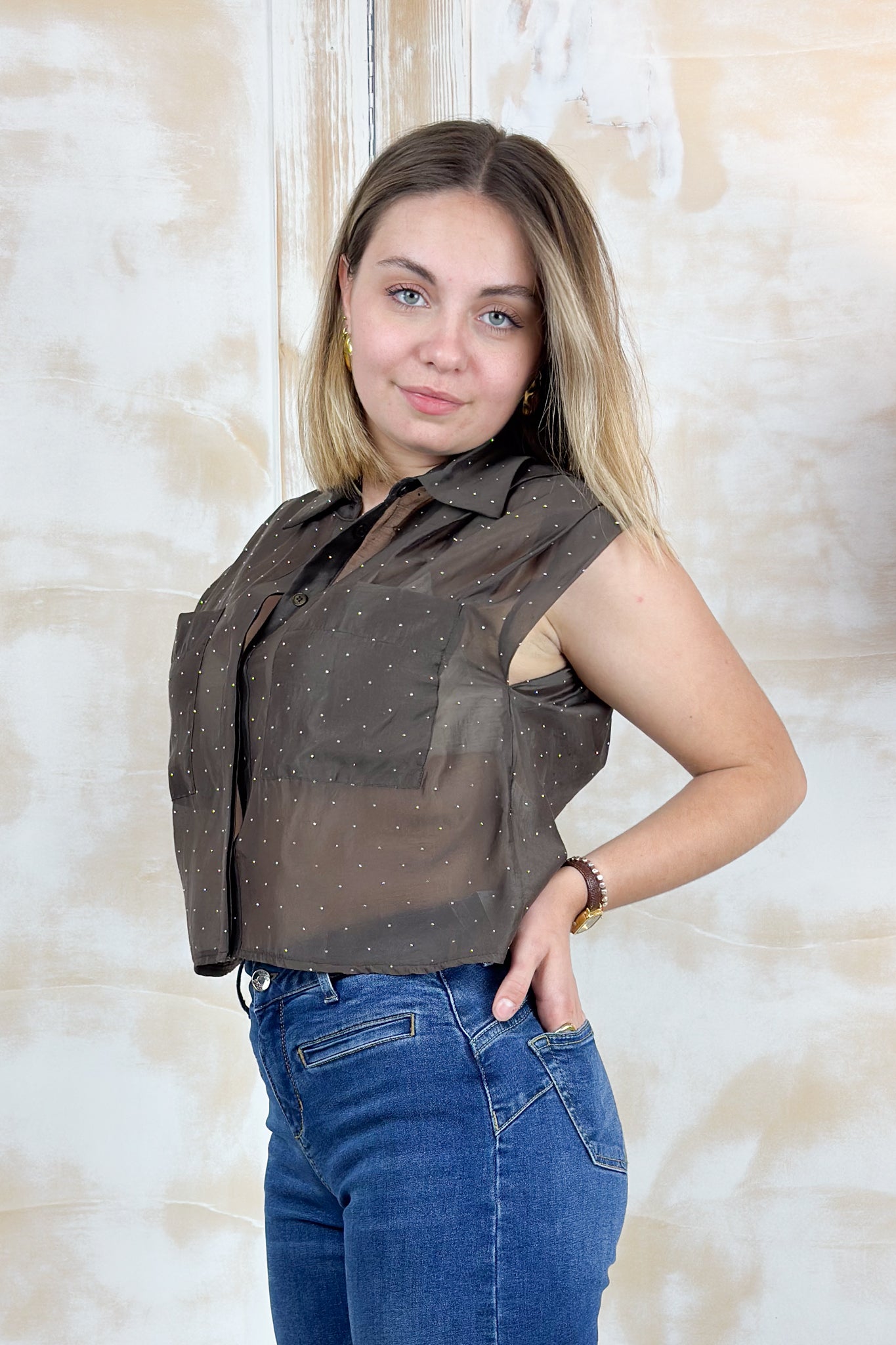 Camicia in voilè cropped smanicata KAOS - Moro