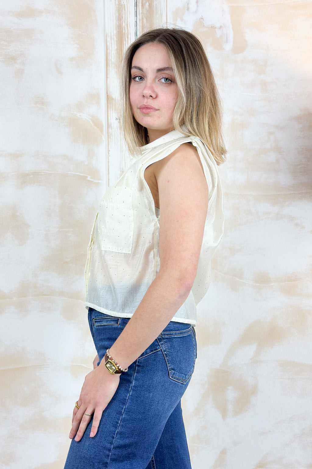 Camicia in voilè cropped smanicata KAOS - Naturale
