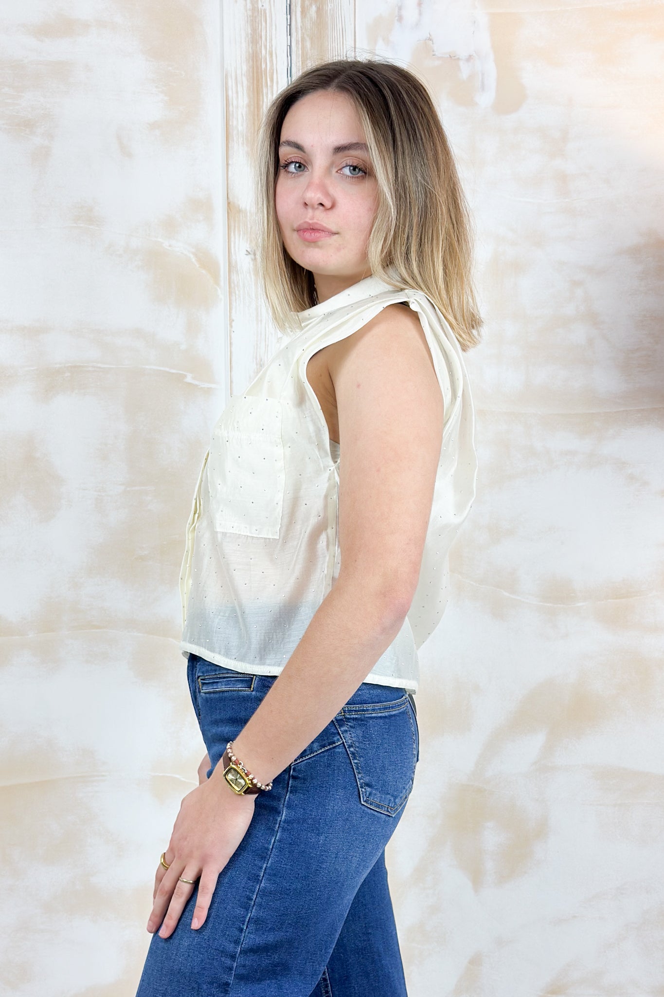 Camicia in voilè cropped smanicata KAOS - Naturale