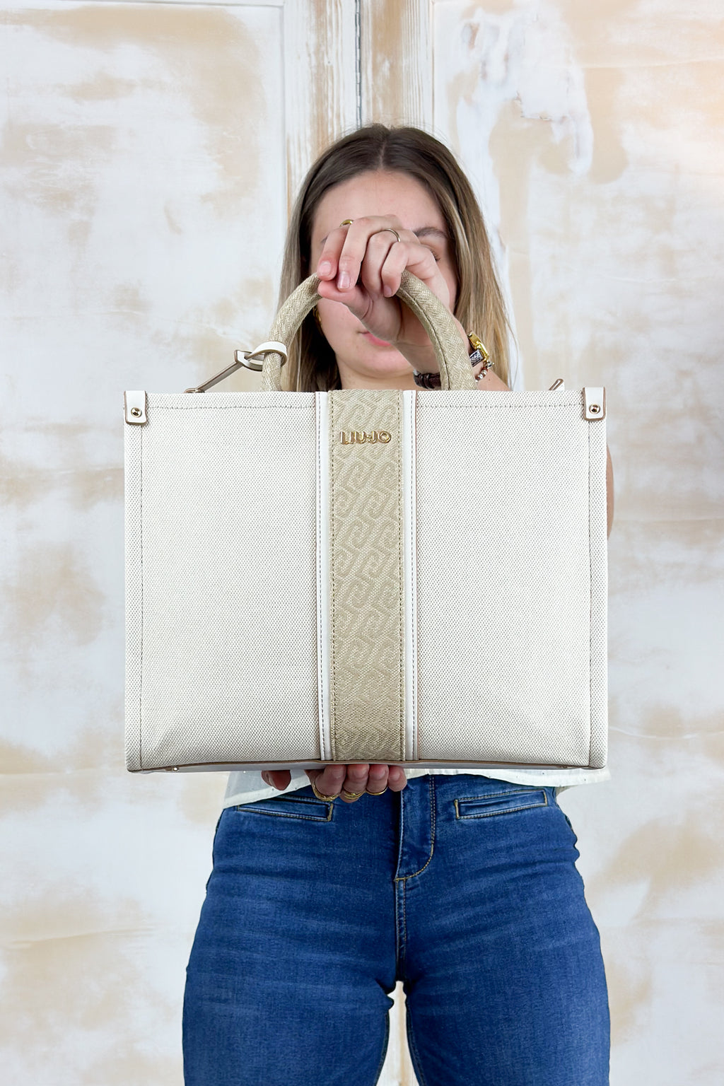 Borsa dettagli logati in canvas LIUJO - Neutro/denim