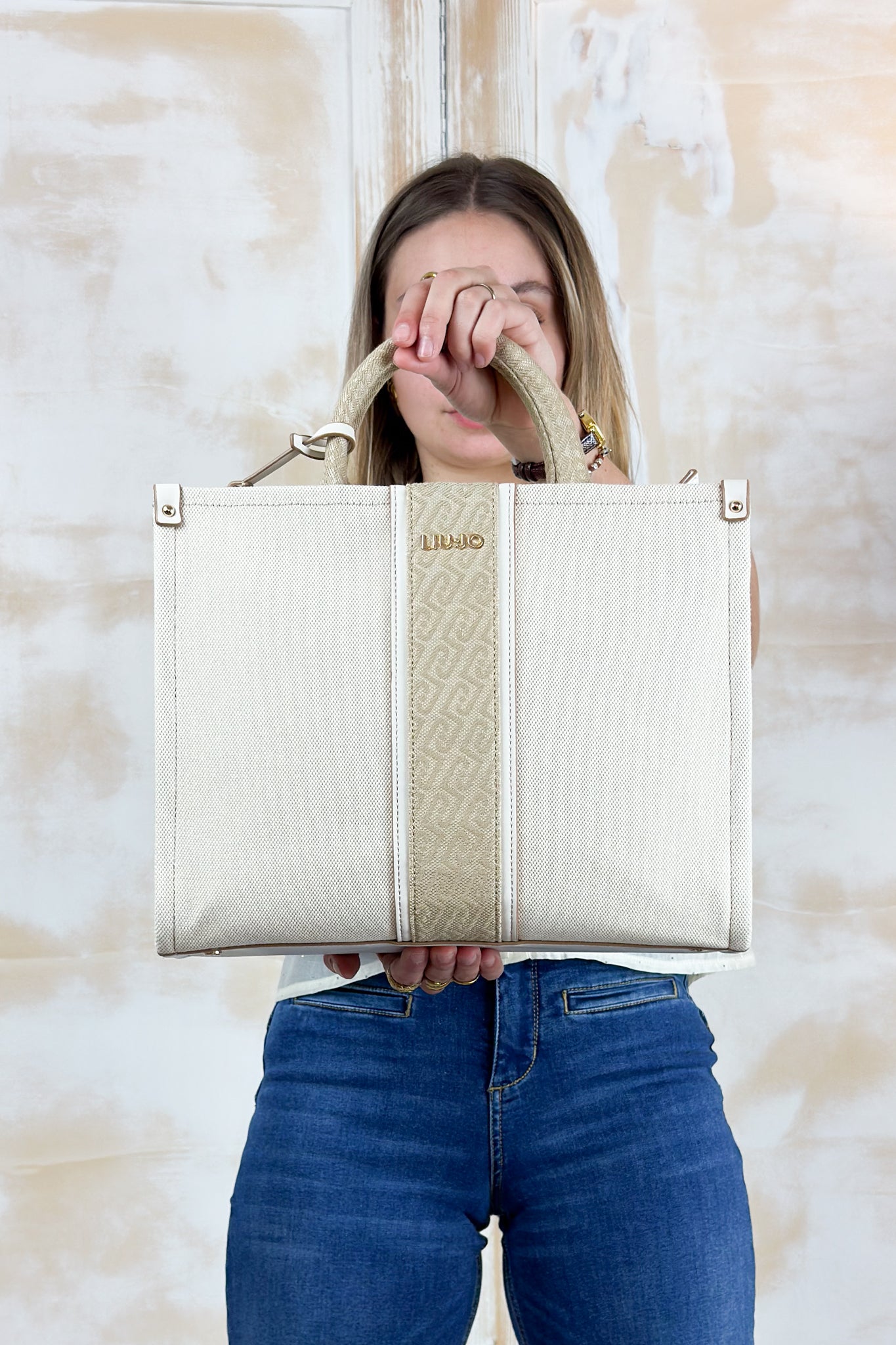 Borsa dettagli logati in canvas LIUJO - Neutro/denim