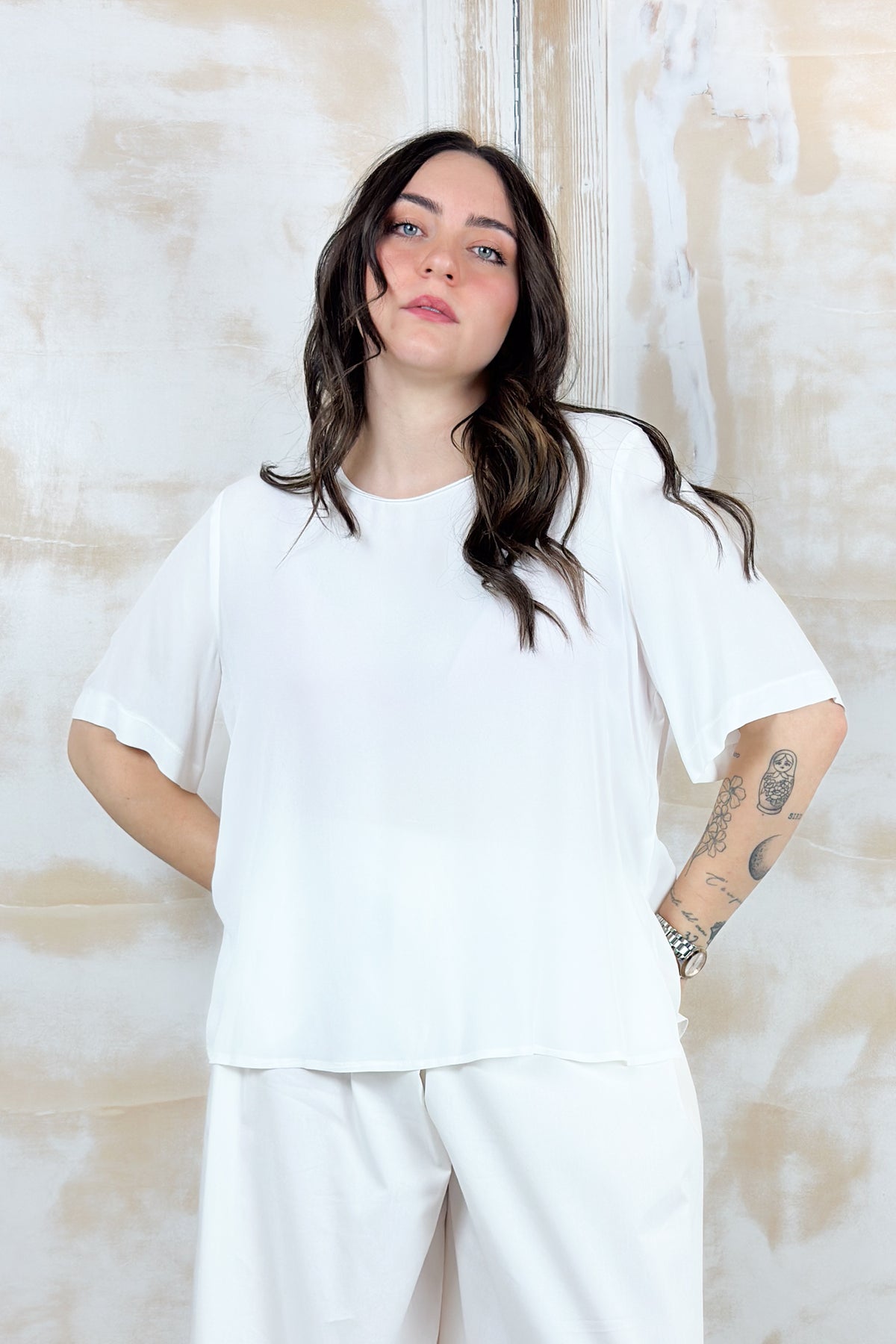 T-shirt in crepe scollo rotondo KAOS - PANNA
