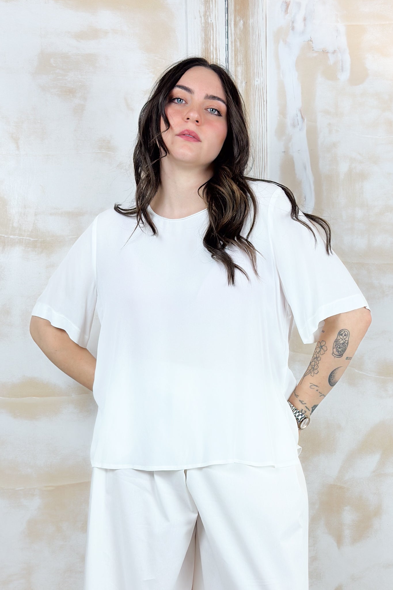 T-shirt in crepe scollo rotondo KAOS - PANNA