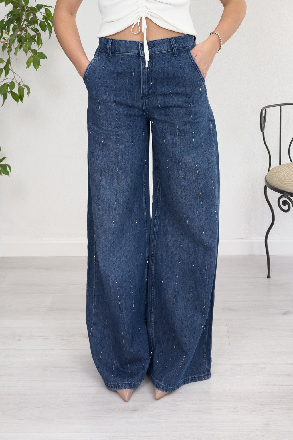 Jeans palazzo con cascata di strass LIU JO