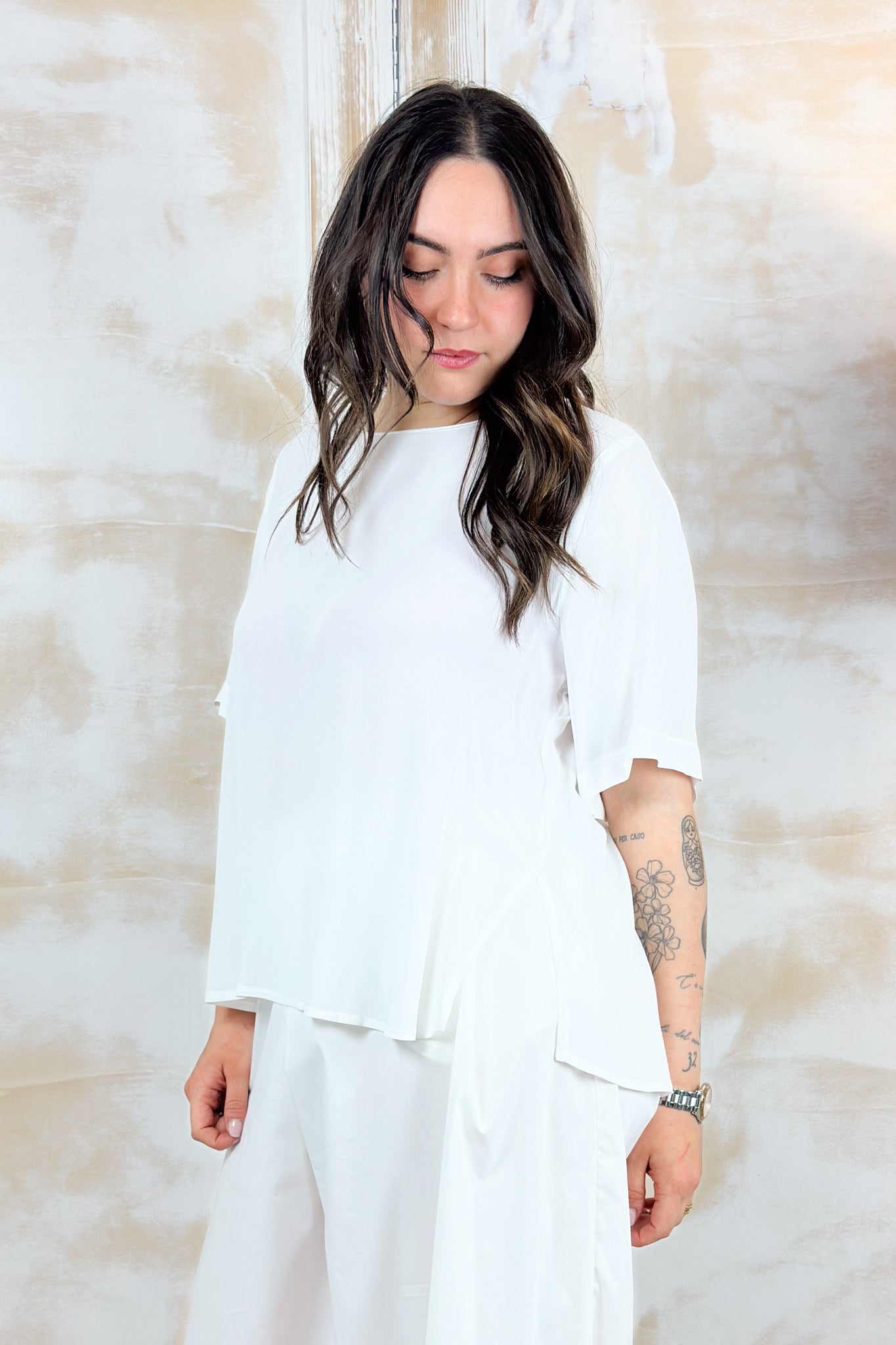 T-shirt in crepe scollo rotondo KAOS - PANNA