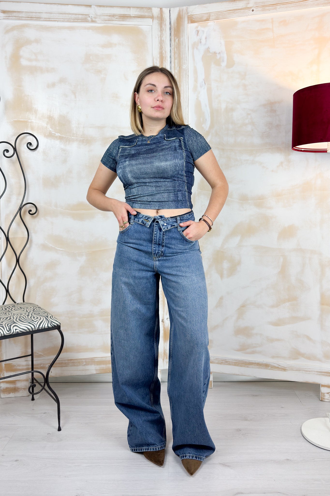 T-shirt cropped M/C effetto denim ELODIE LIUJO