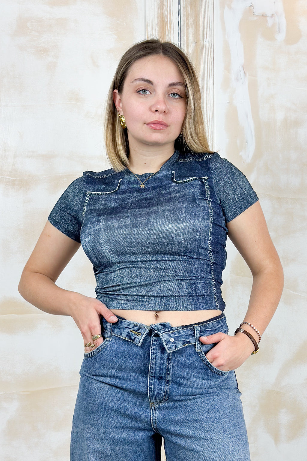 T-shirt cropped M/C effetto denim ELODIE LIUJO