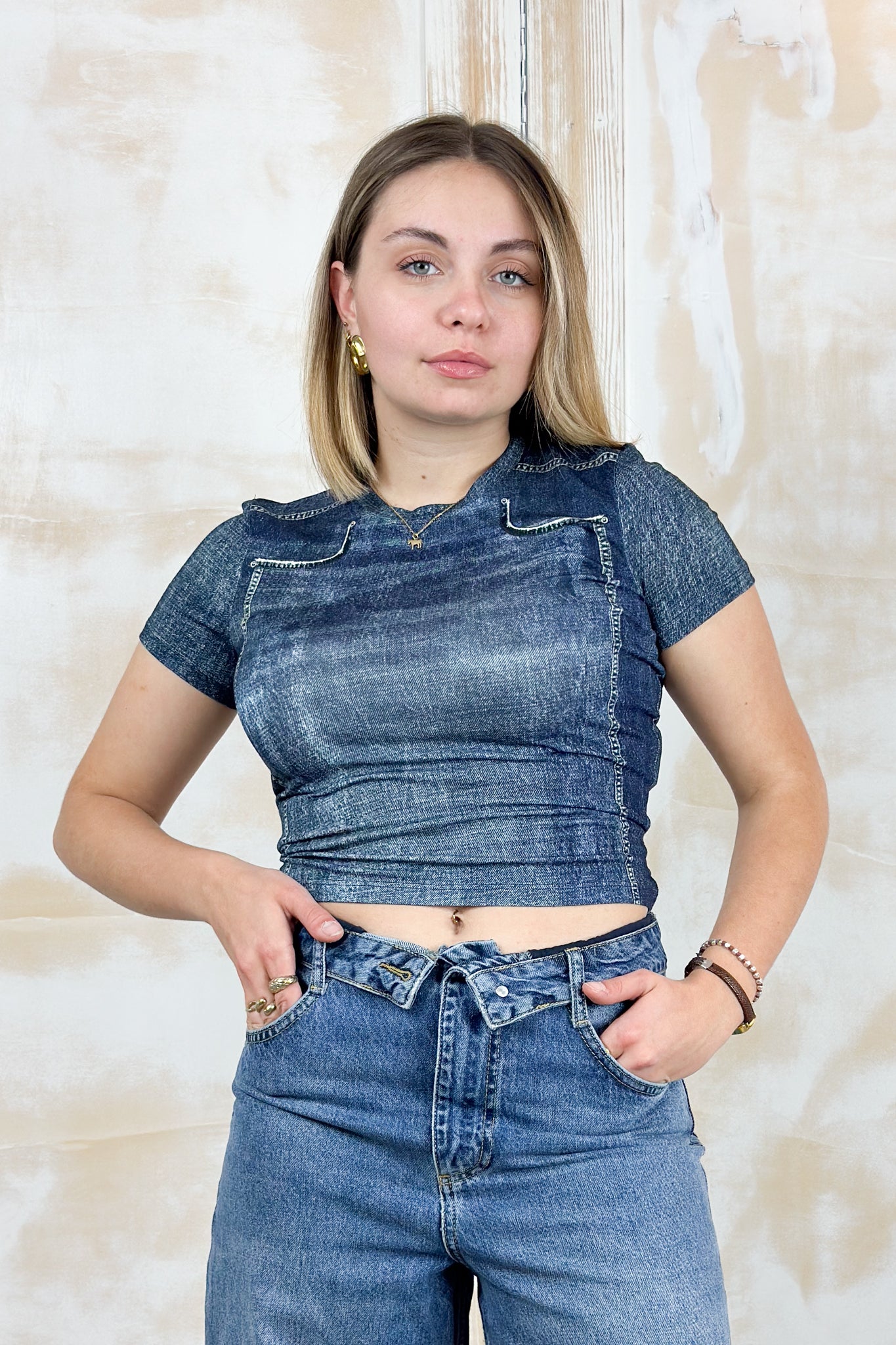 T-shirt cropped M/C effetto denim ELODIE LIUJO
