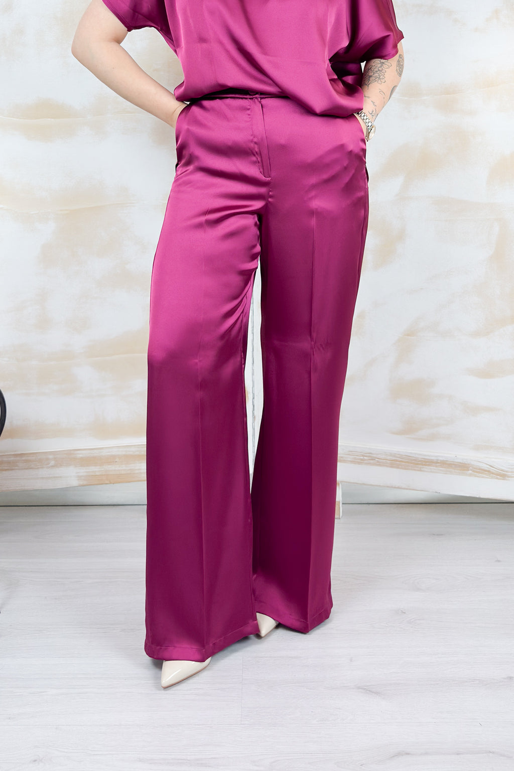 Pantalone in raso tecnico lungo EMME - Ciclamino