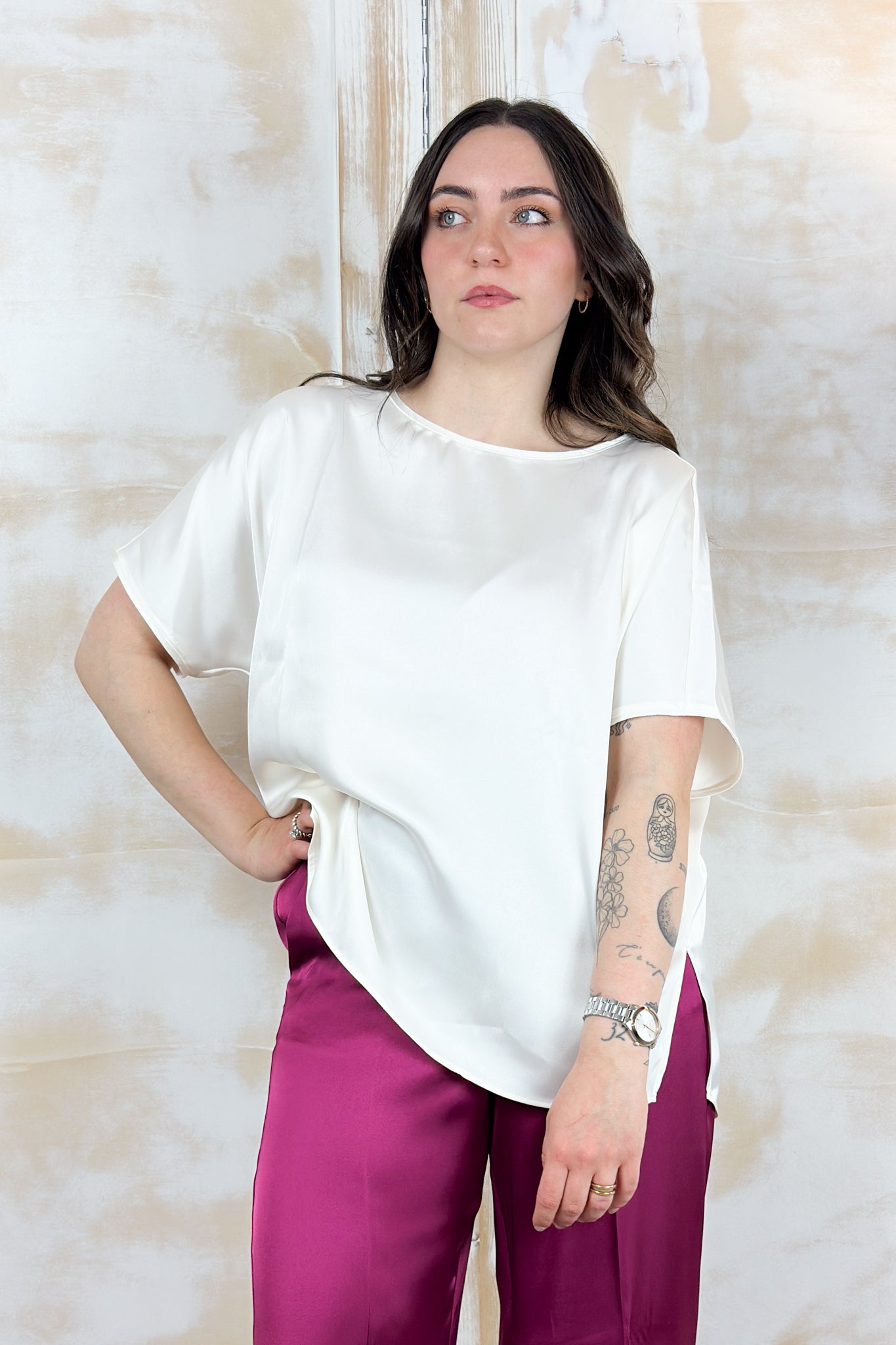 Blusa in raso over EMME - Bianco lana