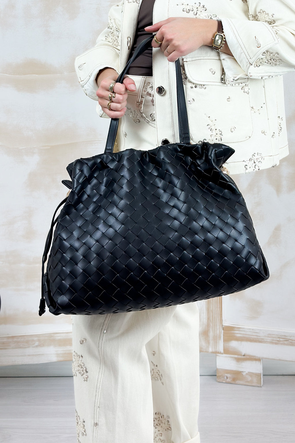 Borsa "Ricci" grande intrecciata LIU JO - Black