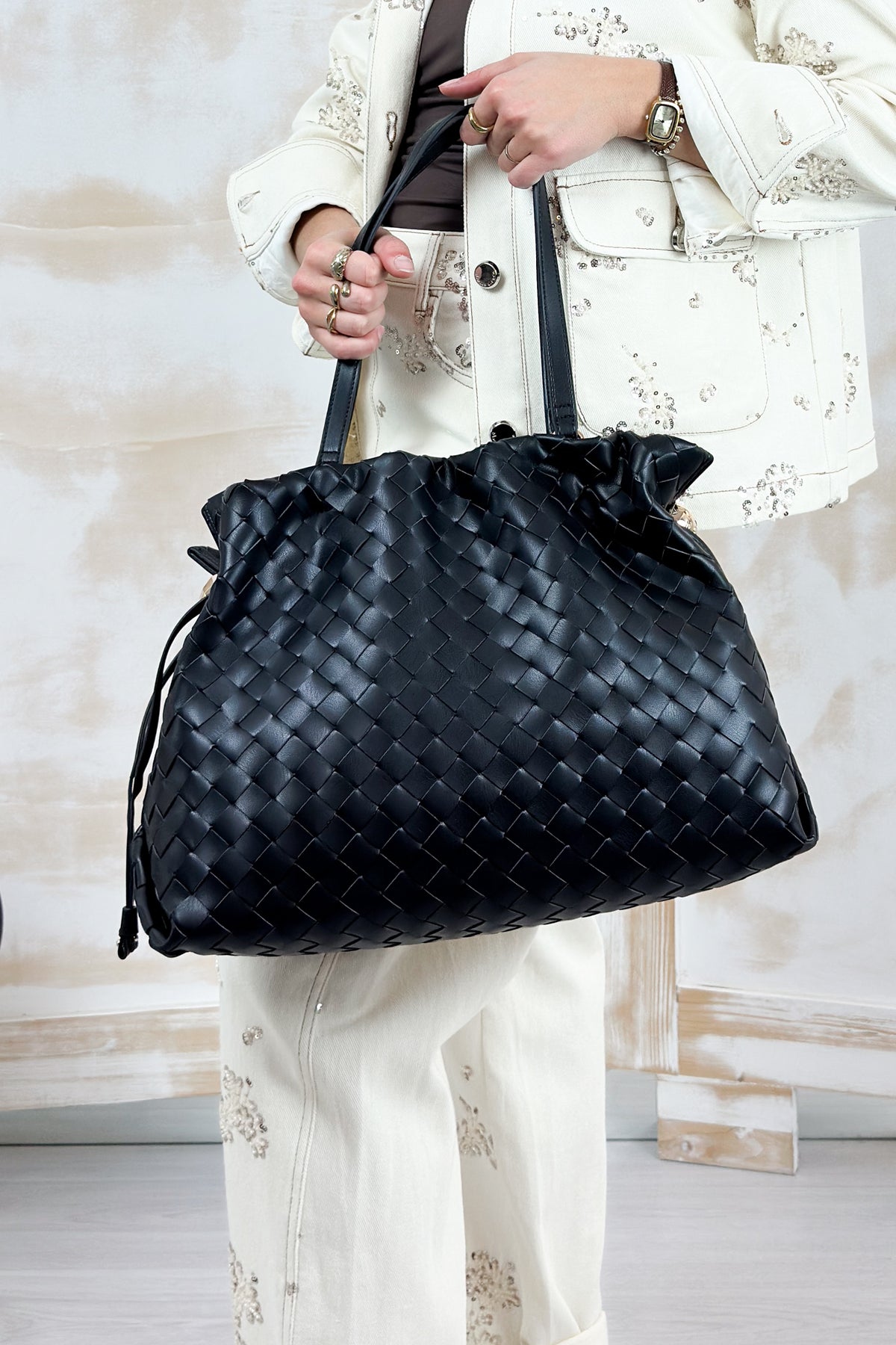 Borsa "Ricci" grande intrecciata LIU JO - Black