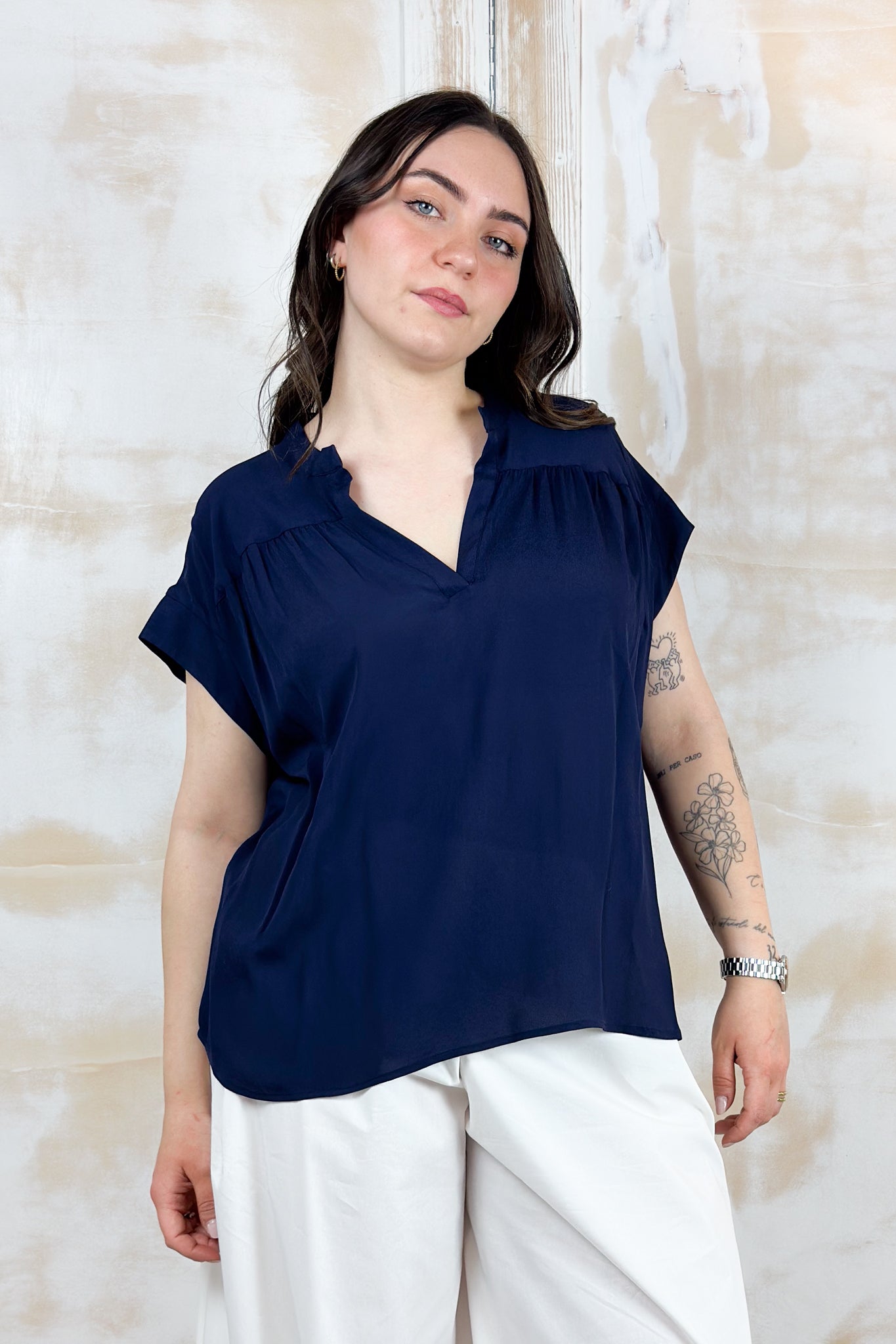 Blusa in crepe senza maniche a polo KAOS - BLU
