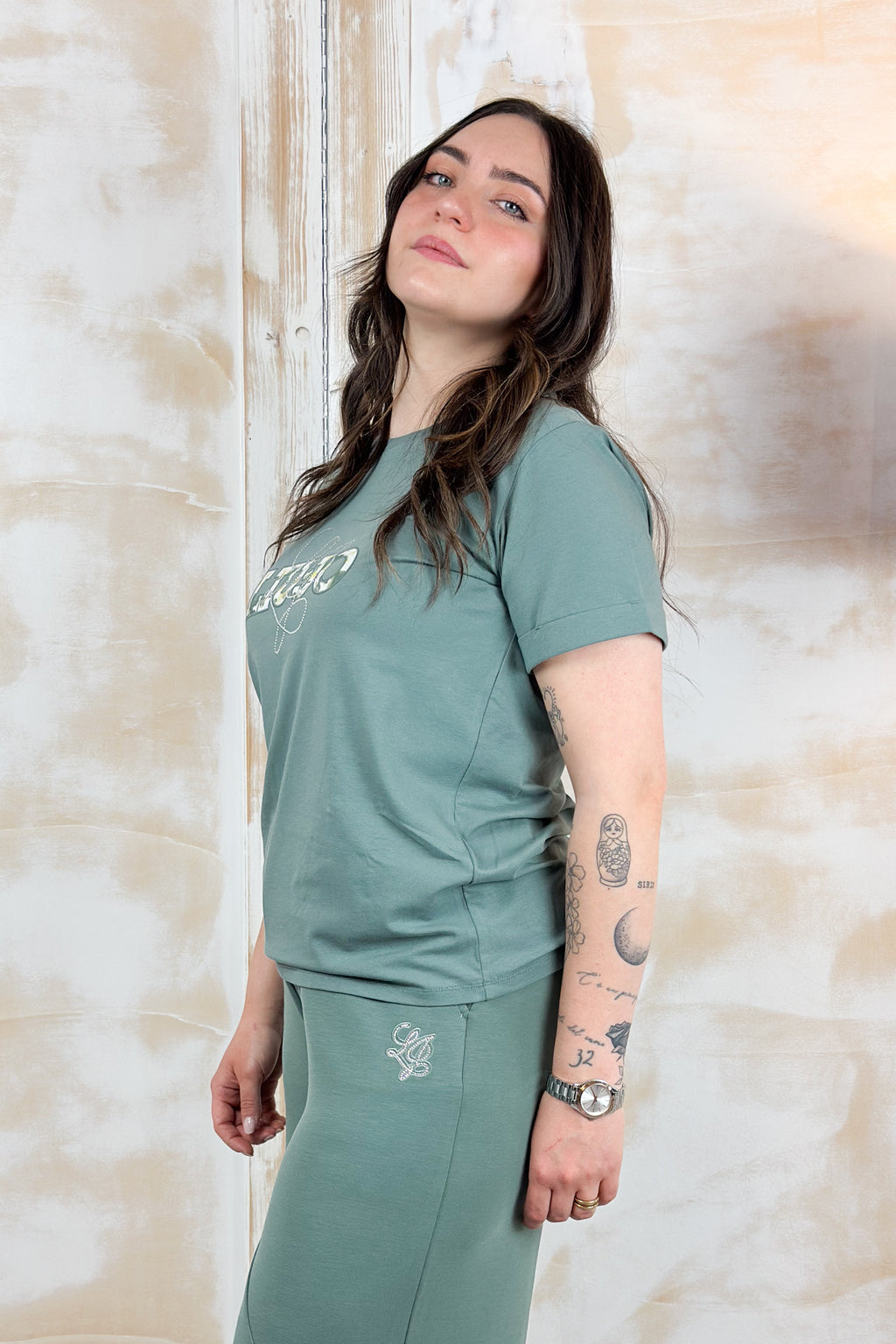 T-Shirt girocollo con logo fantasia LIU JO - Military/liujo fl.gr