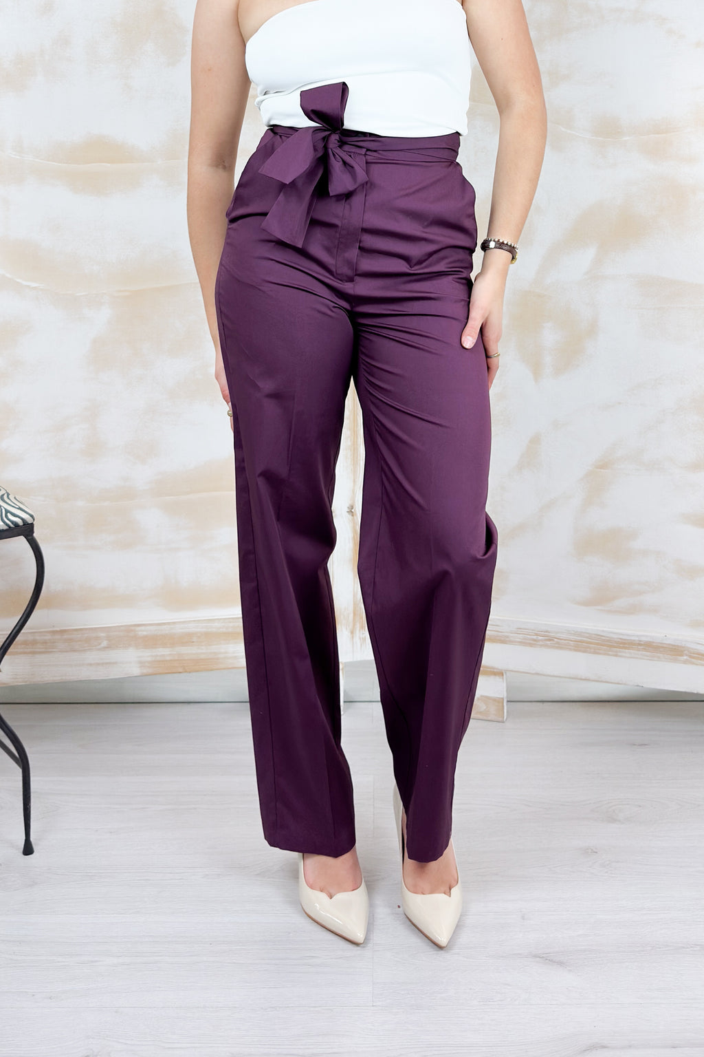 Pantalone in popeline con cintura EMME - Prugna