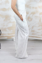 Pantaloni a palazzo gessati in lino LIU JO - Bianco lana/nero
